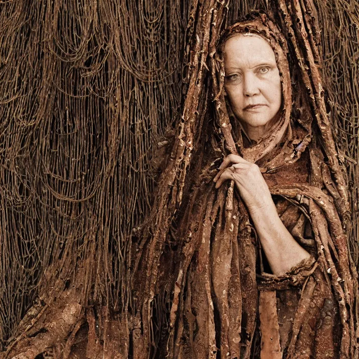 Image similar to a closeup portrait of a woman wearing a cloak made of rusted nails and ribbons, staring at an empty swing, by vincent desiderio, canon eos c 3 0 0, ƒ 1. 8, 3 5 mm, 8 k, medium - format print