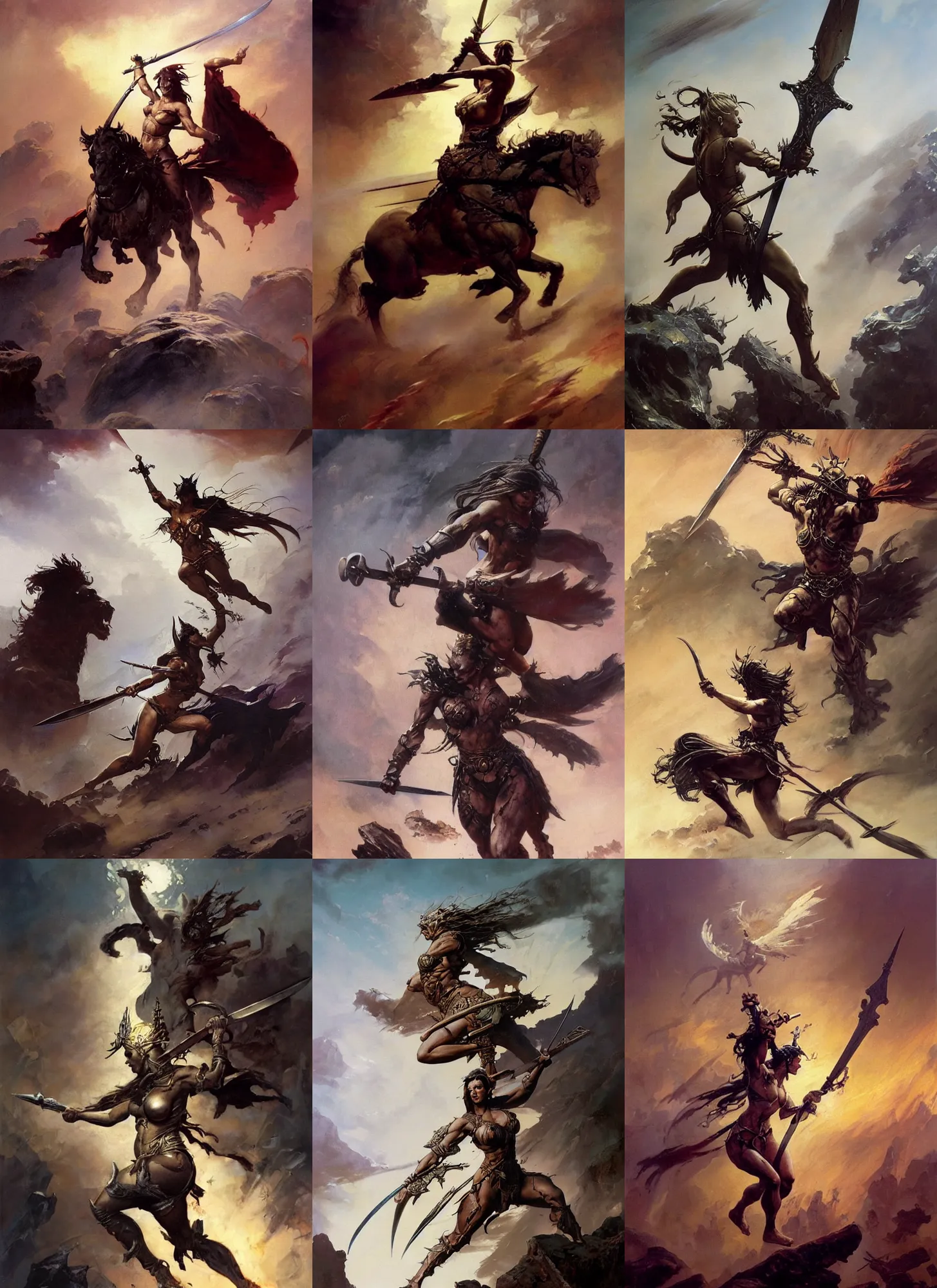 Prompt: an oil painting of the Goddess of war running into battle holding a sword, by Frank Frazetta, Greg Rutkowski, Boris Vallejo, epic fantasy character art, Exquisite detail, elven armor, post-processing, low angle, masterpiece, cinematic