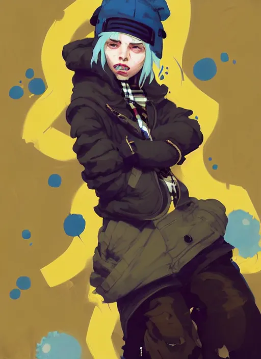 Prompt: highly detailed portrait of a sewer punk lady student, blue eyes, burberry hoody, hat, white hair by atey ghailan, by greg rutkowski, by greg, tocchini, by james gilleard, by joe fenton, by kaethe butcher, gradient yellow, black, brown and cyan color scheme, grunge aesthetic!!! ( ( graffiti tag wall background ) )
