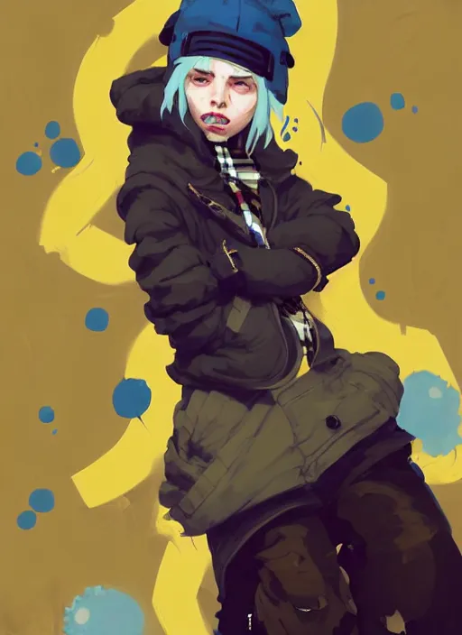 Image similar to highly detailed portrait of a sewer punk lady student, blue eyes, burberry hoody, hat, white hair by atey ghailan, by greg rutkowski, by greg, tocchini, by james gilleard, by joe fenton, by kaethe butcher, gradient yellow, black, brown and cyan color scheme, grunge aesthetic!!! ( ( graffiti tag wall background ) )