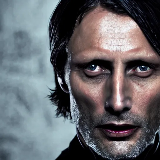 Prompt: mads mikkelsen as a vampire, male, late - 4 0 s aged, long, slicked black hair, clean shaven, wearing a cape, regal, royal, grim facial expression, high medieval fantasy, full color digital art, cinematic shot, full body shot.
