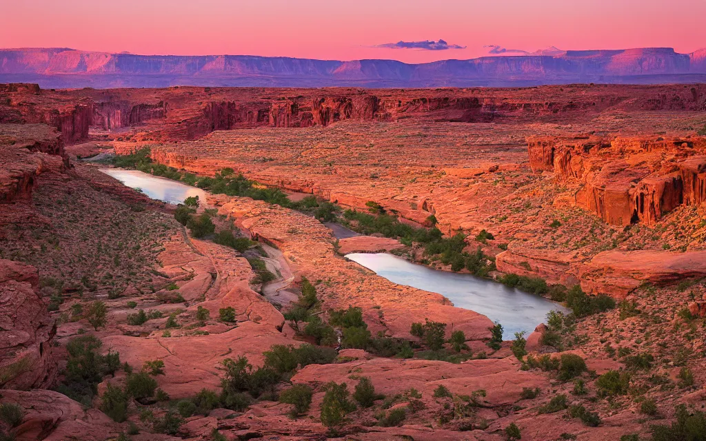 Image similar to “a river bend running through a canyon surrounded by desert mountains at sunset, moab, utah, a tilt shift photo by Frederic Church, trending on unsplash, hudson river school, photo taken with provia, national geographic photo”