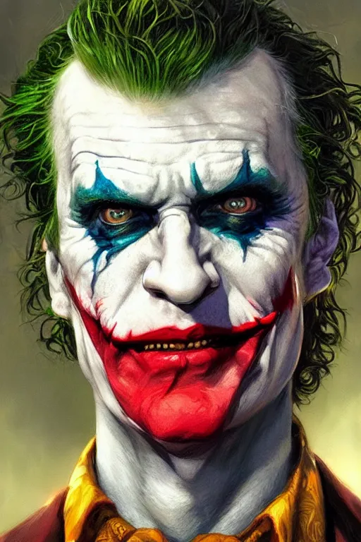 Image similar to The Joker, closeup character portrait art by Donato Giancola, Craig Mullins, digital art, trending on artstation