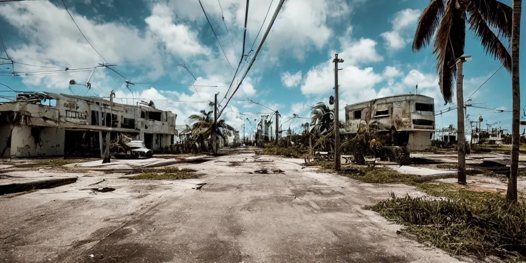 Prompt: low wide angle shot of dilapidated fallout 5 miami, tropical coastal city in real life, desolate, dilapidated, empty streets, some rusted retro futuristic vintage styled parked vehicles like cars, buses, trucks, trams, sunny weather, few clouds, volumetric lighting, photorealistic, daytime, spring, sharp focus, ultra detailed