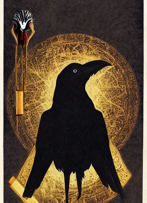 Prompt: portrait centered on a raven in a vantablack cloak and holding a symbolic weapon. painting in the style of symbolism. portrait hung up in a windows 9 8 wallpaper. r / oldschoolfantasy