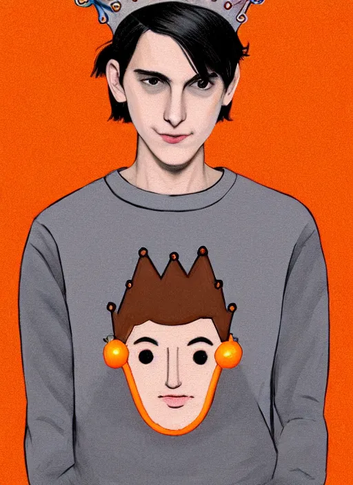 Image similar to portrait of teenage jughead jones wearing a light grey crown, symmetrical crown, sweater with picture of hamburger, eyes closed, crown, black hair, orange, intricate, elegant, glowing lights, warm lighting, highly detailed, digital painting, artstation, concept art, smooth, sharp focus, illustration, art by wlop, mars ravelo and greg rutkowski