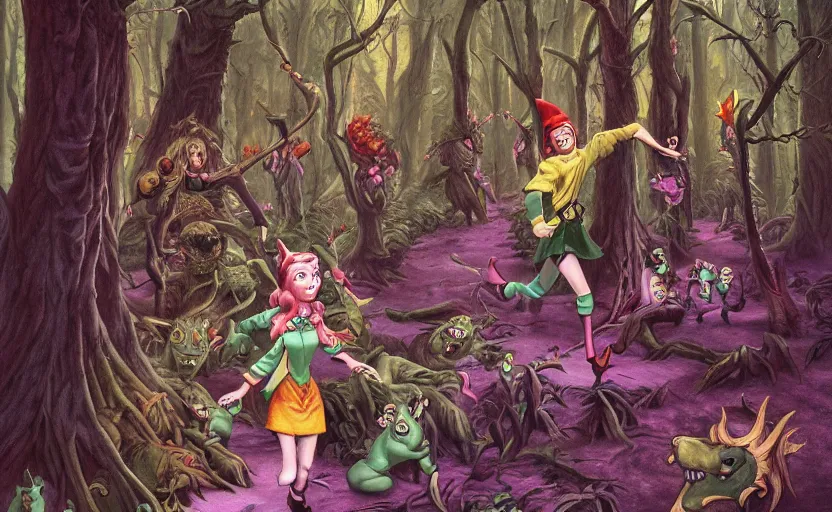 Prompt: a scene of cartoon elves running through a clearing in a dark fantasy forest surrounded by darkness and monster trees. hyperrealist illustration. muted colors. 1 9 7 0's pulp science fiction and fantasy cartoon for alice in wonderland and wizard of oz. highly detailed and richly colored painting by don ivan punchatz and basil gogos. trending on artstation