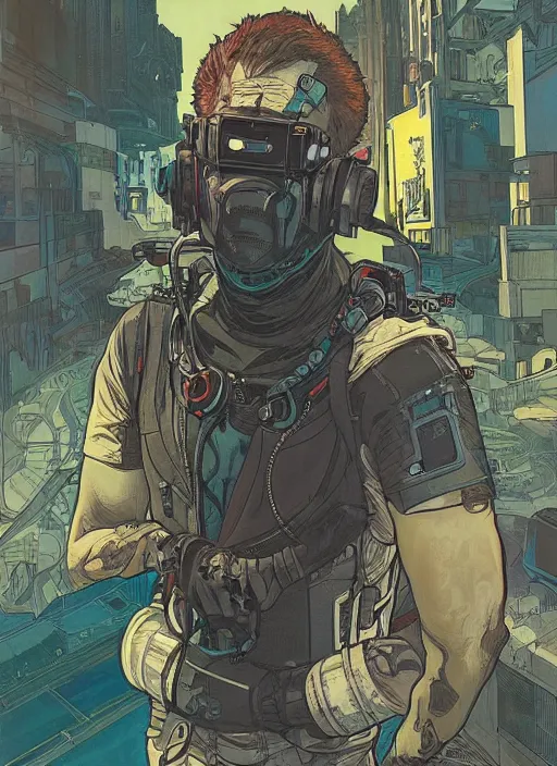 Prompt: cyberpunk repo man. portrait by ashley wood and alphonse mucha and laurie greasley and josan gonzalez and james gurney. spliner cell, apex legends, rb 6 s, hl 2, d & d, cyberpunk 2 0 7 7. realistic face. vivid color. dystopian setting.