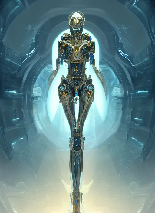 Image similar to benevolent cyborg necromancer, scifi, futurism, helpful, kind, intelligent, alien room background, white, blue, gold, highly detailed, trending on artstation, soft light, sharp edges, illustration, technology, art by vitaly bulgarov and nivanh chanthara