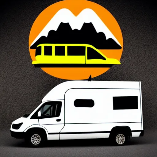 Image similar to white and black cute thor chateau motorhome camper, highway, mountains and sunset!!, everything enclosed in a circle, happy, professional colorful logo illustration