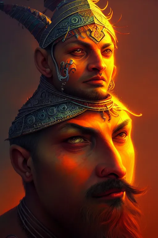 Image similar to gediminas pranckevicius jibaro hindu warrior, close - up portrait, fierce, intricate, elegant, volumetric lighting, scenery, digital painting, highly detailed, artstation, sharp focus, illustration, concept art,