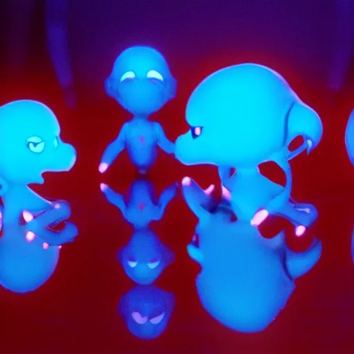 Image similar to cute smiling pixar and chibi style electric blue scaled glowing baby dinosaurs in tron movie, cinestill