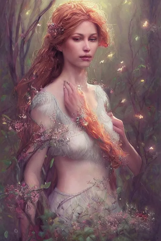 Image similar to portrait of beautiful fairy women clothed in beads and lace, by mandy jurgens, gorgeous, elegant