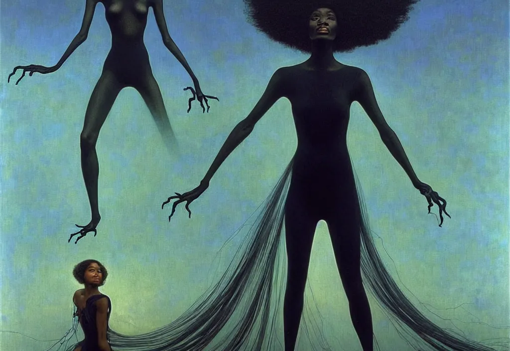 Prompt: realistic detailed portrait movie shot of a beautiful black woman in a transparent sheer suit raincoat dancing with a giant spider, futuristic sci fi landscape background by denis villeneuve, jean delville, monia merlo, yves tanguy, ernst haeckel, alphonse mucha, max ernst, caravaggio, roger dean, sci fi necklace, masterpiece, dreamy, rich moody colours