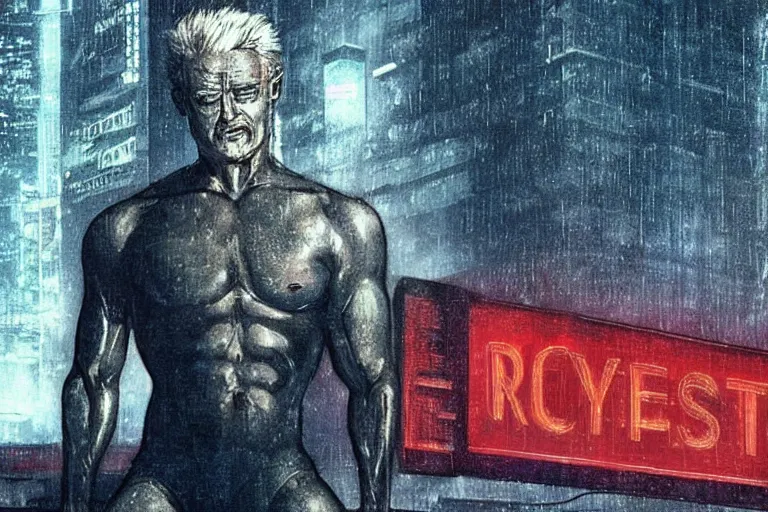 Image similar to roy batty with a bare torso sits in the lotus position with his head bowed in the rain on the roof of a building in the cyberpunk future, around neon signs, a little haze, night, realistic proportions, anime style ghost in armor