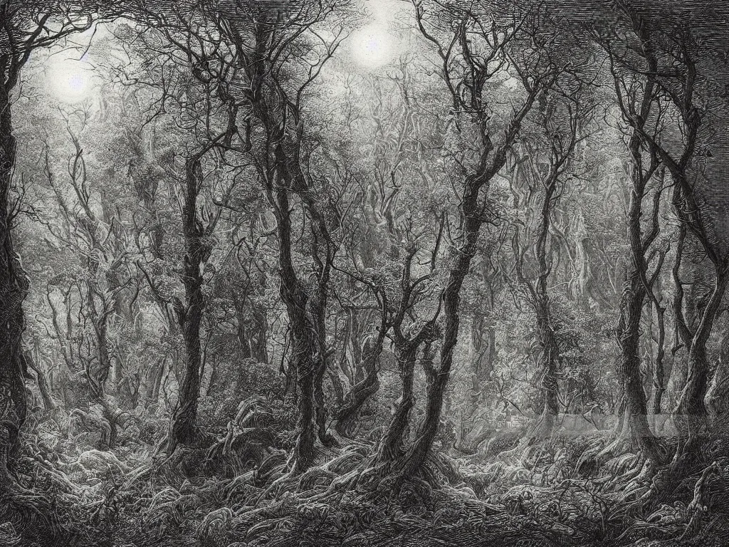 Image similar to an engraving of the interior of a tangled forest at night, wistman ’ s wood by gustave dore, john blanche, ian miller, highly detailed, strong shadows, depth, illuminated focal point