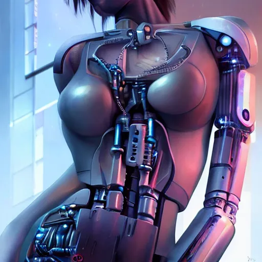 Image similar to Mechanical Cyberpunk Female Android, Upper-torso, intricate, elegant, super highly detailed, professional digital painting, artstation, concept art, smooth, sharp focus, no blur, no dof, extreme illustration, Unreal Engine 5, Photorealism, HD quality, 8k resolution, cinema 4d, 3D, beautiful, cinematic, art by artgerm and greg rutkowski and alphonse mucha and loish and WLOP