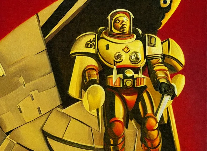 Prompt: Art Deco painting portrait of space-marine in Art Deco architecture high detail warhammer 40k