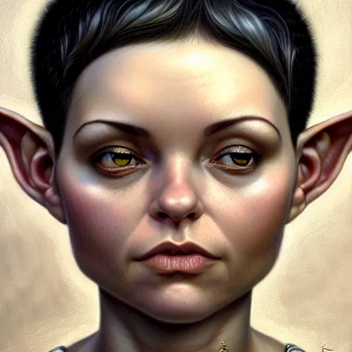 Prompt: portrait of a beautiful cute muscular charming realistic female gnome engineer, undercut black hair pixie cut, d & d, micro detail, intricate, elegant, highly detailed, centered, rule of thirds, artstation, sharp focus, illustration, artgerm, tomasz alen kopera, donato giancola, wlop