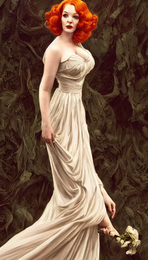 Image similar to Angel, perfectly-centered-painting of young Christina Hendricks in Mad Men in a bride dress, sweaty, dynamic action pose, insane, intricate, highly detailed, digital painting, artstation, concept art, smooth, sharp focus, illustration, Unreal Engine 5, 8K, art by artgerm and greg rutkowski and alphonse mucha