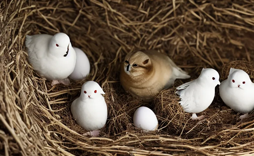 Image similar to A dove and an exotic shorthair cat guarding their eggs in a nest, eggs with faces, white doves, nest is made of sticks, national geographic, odd, depth of field, photorealistic