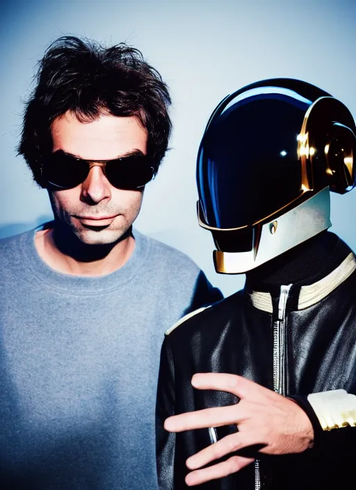 Image similar to portrait of kavinsky and daft punk, by charlotte grimm, natural light, detailed face, beautiful features, symmetrical, canon eos c 3 0 0, ƒ 1. 8, 3 5 mm, 8 k, medium - format print, half body shot