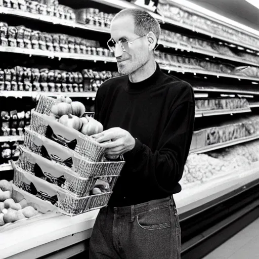 Prompt: Steve jobs selling apples on a supermarket, 35mm lens