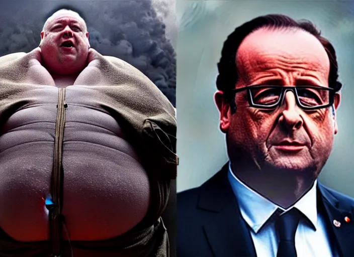 Image similar to François Hollande as baron harkonnen in a black oil bath in a still from the film Dune (2021)