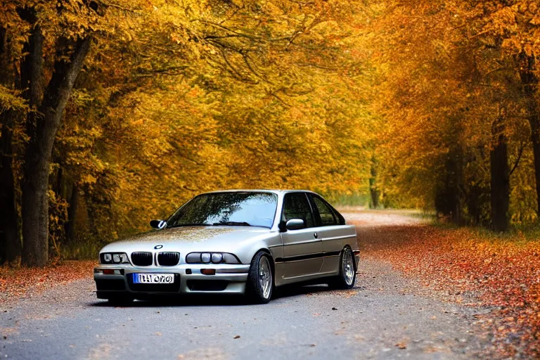 Prompt: A BMW e36 parked in a road with trees, autumn season, Epic photography, taken with a Canon DSLR camera, 250 mm, depth of field