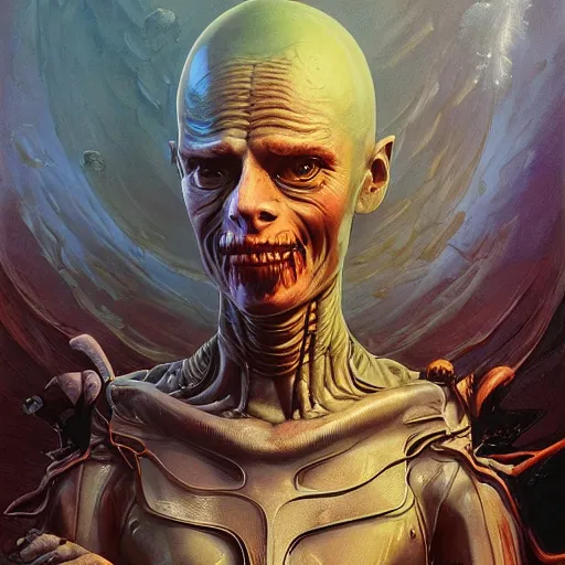 Prompt: a fantasy style portrait painting of a extremely surreal, strange and incomprehsible alien with a futuristic background and dramatic lighting oil painting unreal 5 daz. rpg portrait, extremely detailed wayne barlowe michael whelan greg rutkowski greg hildebrandt tim hildebrandt michael whelan h r giger moebius