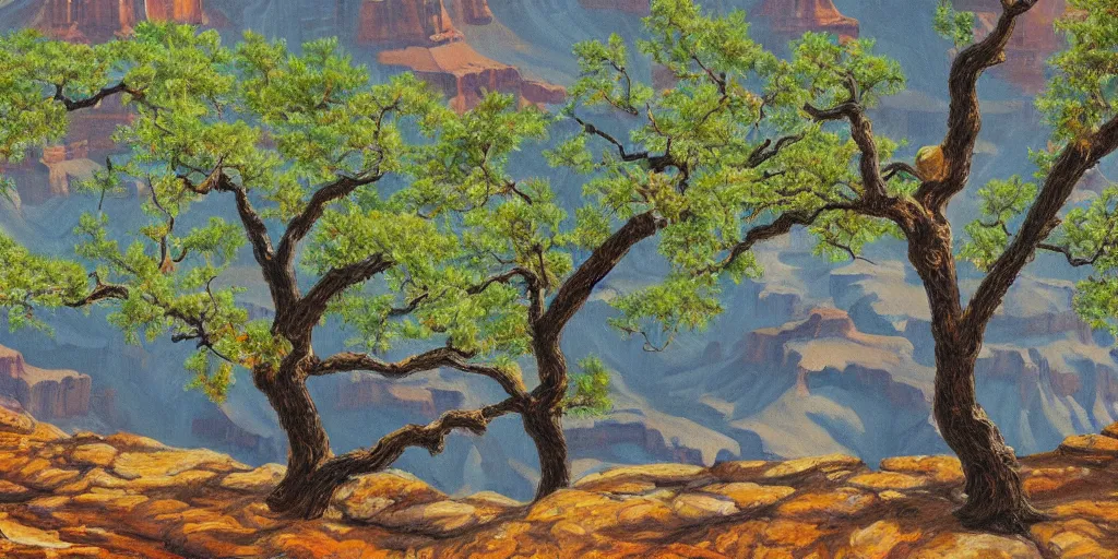 Image similar to single maple tree growing in grand canyon, stream, oil painting, highly detailed, masterpiece