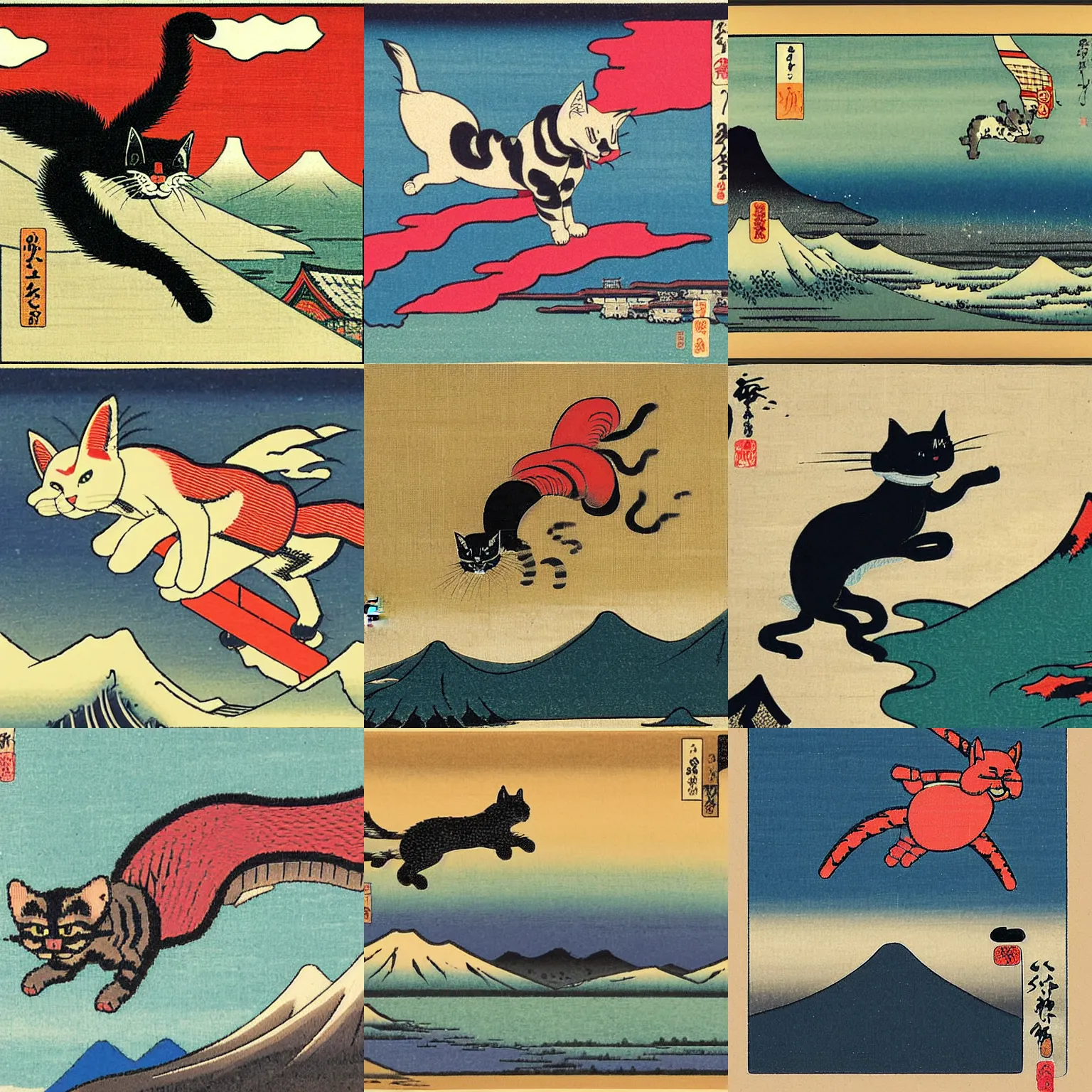 Prompt: an 8 - bit flying cat leaping past snow - capped mountains and rice fields. japanese ukiyo - e.