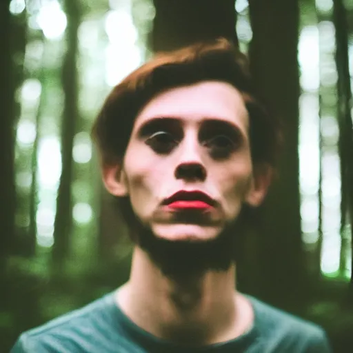 Image similar to close up kodak portra 4 0 0 photograph of a skinny guy standing in a dark forest, flower face, moody lighting, telephoto, 9 0 s vibe, blurry background, vaporwave colors, faded!,