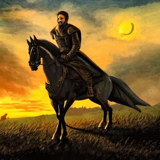 Prompt: game of thrones night on horse riding to fight dragon, high contrast, gothic painting, dramatic sunset, green field, super detailed 1 0 8 0 p 4 k art