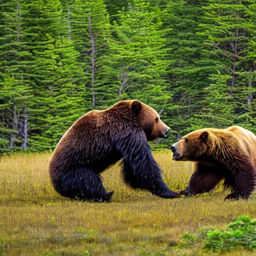 Prompt: kodiak bears kung - fu fighting in a forest clearing, twilight,
