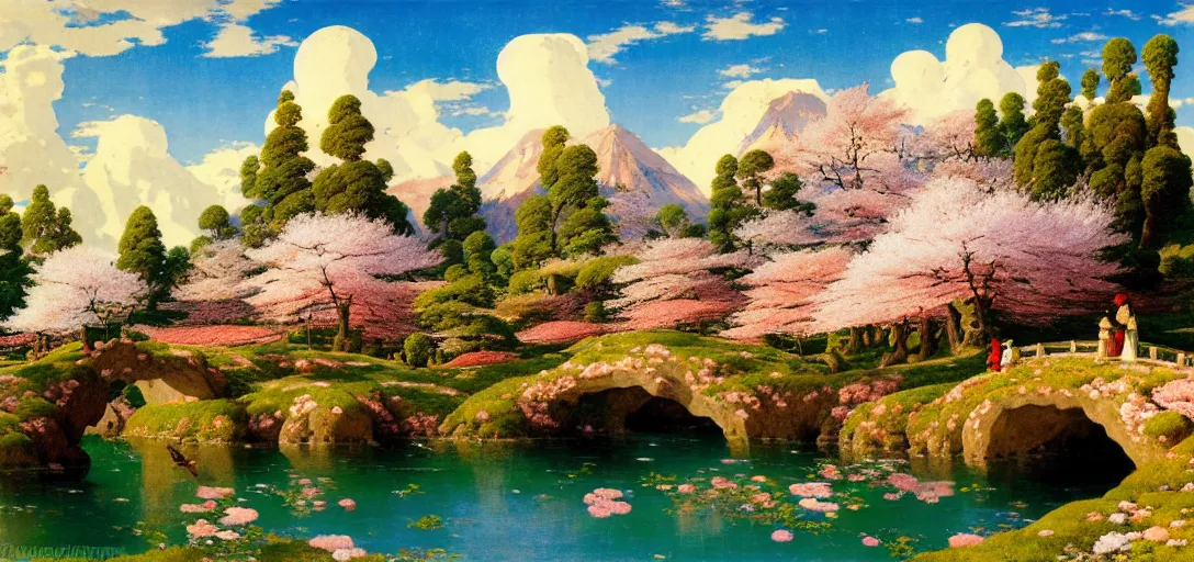 Image similar to ghibli illustrated background of a strikingly beautiful landform with strange rock formations and cherry blossoms by vasily polenov, eugene von guerard, ivan shishkin, albert edelfelt, john singer sargent, albert bierstadt 4 k