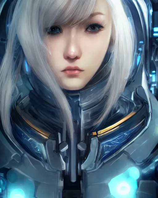 Image similar to detailed portrait of perfect android girl, warframe armor, beautiful face, scifi, futuristic, space station, laboratory, song hye - kyo, dreamy, long white hair, blue cyborg eyes, cinematic lighting, innocent, highly detailed, sharp focus, smooth, artstation, intricate, award winning, pure aura, divine, by akihiko yoshida