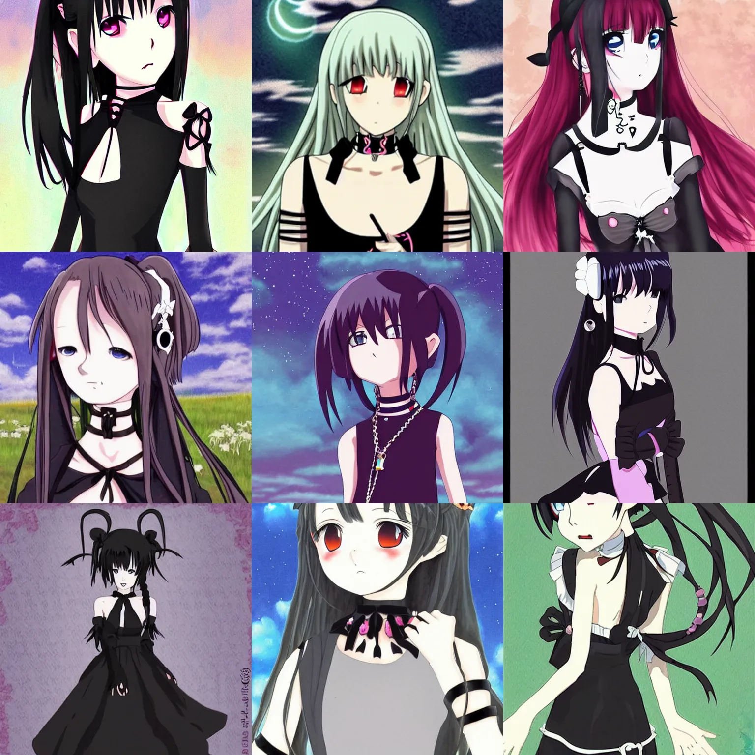 Prompt: goth anime girl wearing choker, black dress, studio ghibli anime art