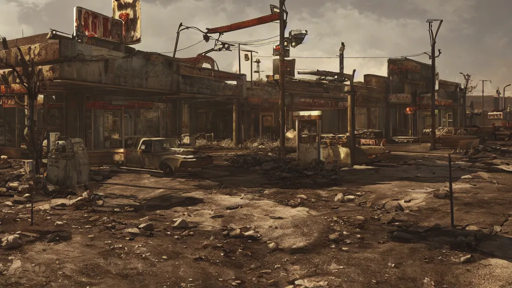 Image similar to post apocalyptic McDonalds::100, fallout, wasteland, octane render, 8k