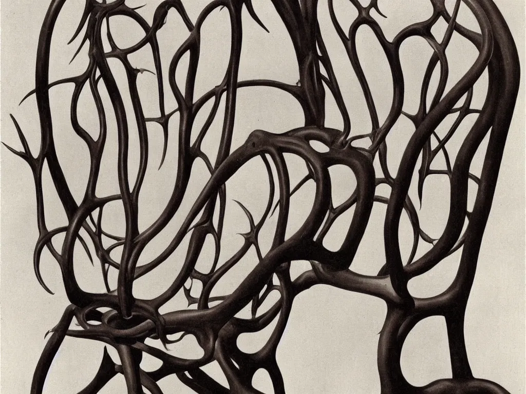 Image similar to gothic chair with human circulatory system, anatomic. painting by karl blossfeldt, salvador dali