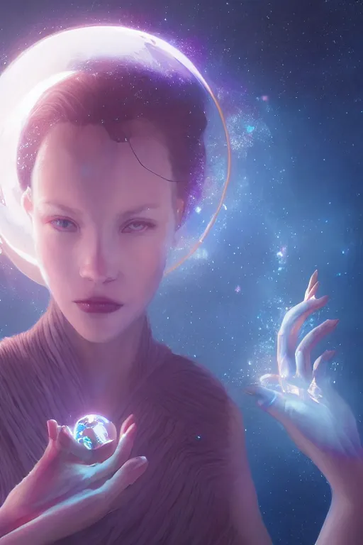 Prompt: space goddess portrait floating while holding a magical orb in her hand. sci fi, intricate artwork by Tooth Wu and wlop and beeple. octane render, trending on artstation, greg rutkowski very coherent symmetrical artwork. cinematic, hyper realism, high detail, octane render, 8k