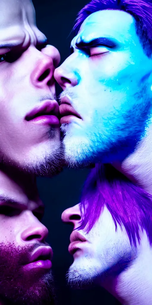 Image similar to hyperrealistic close-up of cyborg albino man kissing another man with purple hair and pearlescent blue skin james paick machiej kuciara very dramatic neon lighting on one side wide angle 35mm shallow depth of field