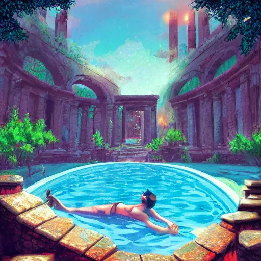 Image similar to a pool in a ancient ruins,retrowave art,trending on art station