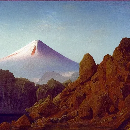 Prompt: tall crystal cliff with active volcano by william stanley haseltine