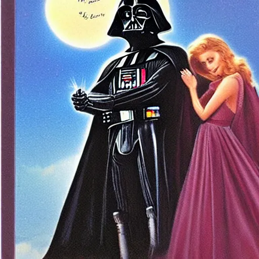 Prompt: a romance novel cover from 1 9 8 3, paperback, drawing, darth vader and yoda on the cover, romantic