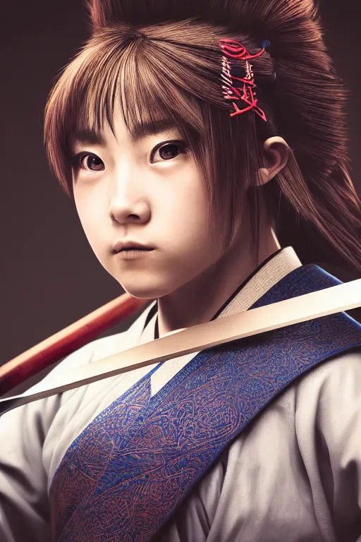 Image similar to highly detailed beautiful photo of a young female samurai, practising sword stances, symmetrical face, beautiful eyes, realistic anime art style, 8 k, award winning photo, pastels, action photography, 1 / 1 2 5 shutter speed, dramatic lighting