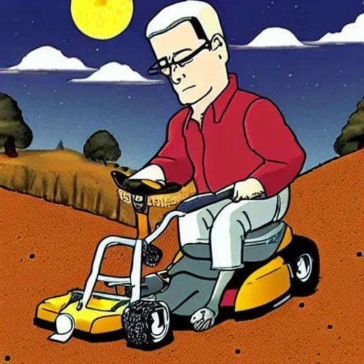 Image similar to Hank hill from “King of the Hill” wearing a full suit of medieval armor, riding a lawnmower on the moon, photo