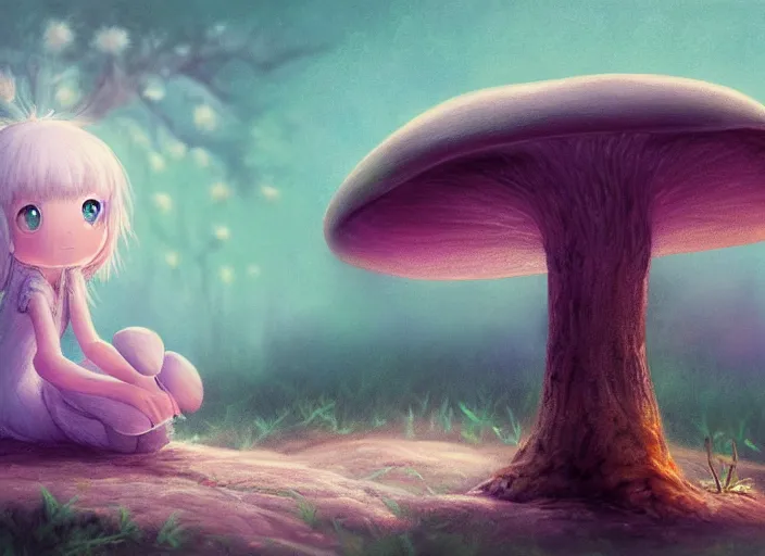 Image similar to a cute creature sitting next to a mushroom concept portrait, detailed, sharp focus, pastel, intricate, realistic, smooth, volumetric lighting, digital painting, by miyazaki