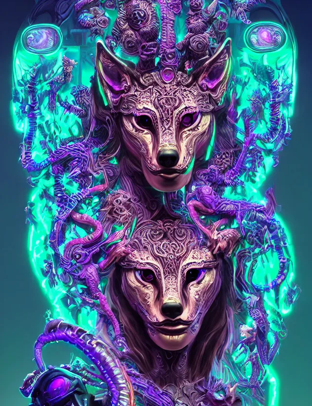 Image similar to 3 d goddess medium shot portrait with hyperdimensional totem implants. beautiful intricately detailed avante garde wolf mask and retrowave sorceress outfit. neon lizards, bio luminescent, water, plasma, creature, artwork by tooth wu and wlop and android jones and beetle and greg rutkowski