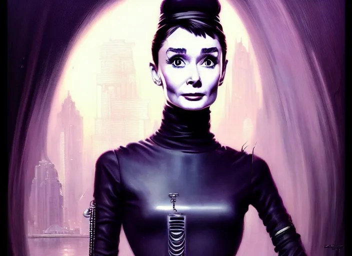 Prompt: portrait shot of a audrey hepburn wearing cyberpunk clothing in cyberpunk 2 0 7 7, intricate, elegant, highly detailed, centered, digital painting, artstation, concept art, smooth, sharp focus, illustration, artgerm, tomasz alen kopera, peter mohrbacher, donato giancola, joseph christian leyendecker, wlop, boris vallejo